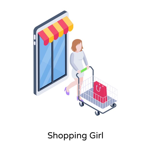 Una ilustración isométrica del diseño editable de la aplicación de compras.