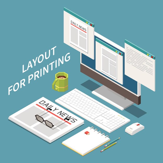 Ilustración isométrica del diseño para imprimir con periódico y computadora.