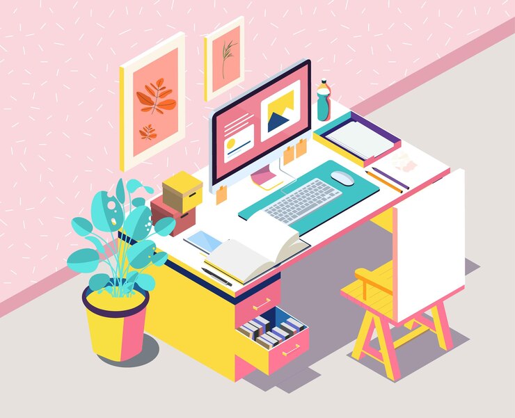 Vector ilustración isométrica de un espacio de trabajo de oficina en casa minimalista y moderno con computadora y plantas