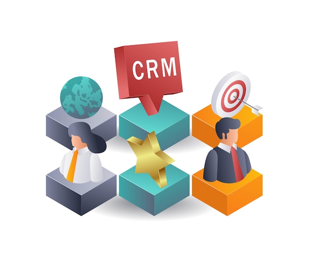 Ilustración isométrica de las estrategias de CRM para el crecimiento empresarial