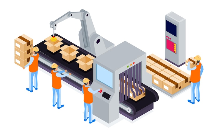 Vector ilustración isométrica de fabricación automatizada