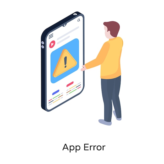 Una ilustración isométrica de la falla del software de error de la aplicación
