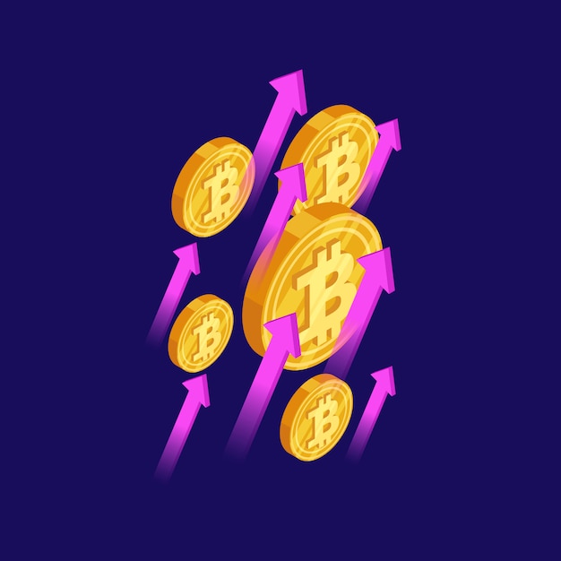 Vector ilustración isométrica de flechas y bitcoins dorados