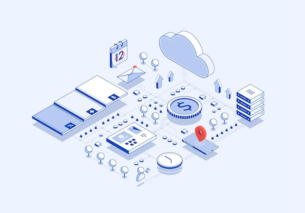 Ilustración isométrica del flujo del sistema de datos en la nube integrado