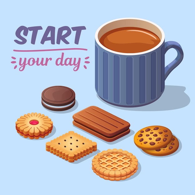 Vector ilustración isométrica de galletas y un café