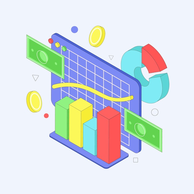 Vector ilustración isométrica de gráfico de negocios y datos