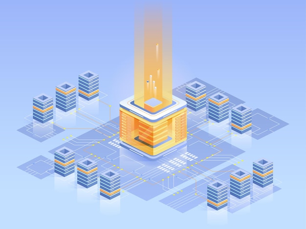 Ilustración isométrica de la granja minera de Bitcoin. Electrónica informática, arquitectura de servidores, comercio electrónico. Tecnología blockchain, negocio digital. Dinero virtual, concepto azul brillante de moneda electrónica