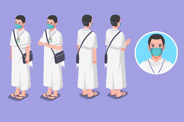 Ilustración isométrica del hombre musulmán Hayy durante la pandemia