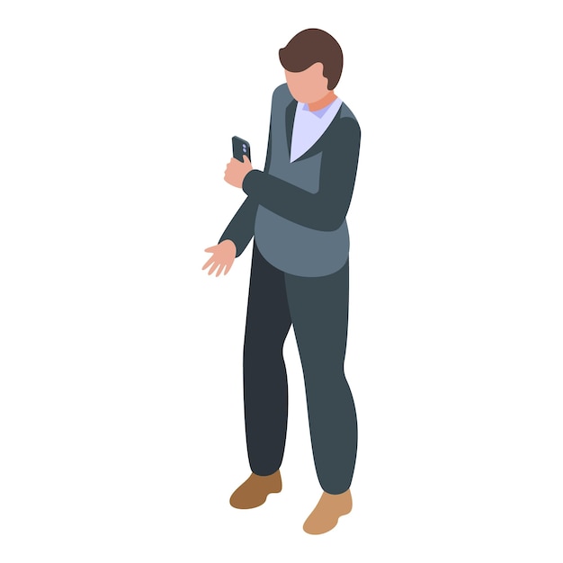 Ilustración isométrica de un hombre de negocios en traje interactuando con su teléfono inteligente