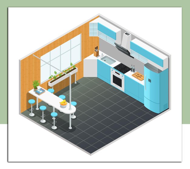 Ilustración isométrica del interior de la cocina