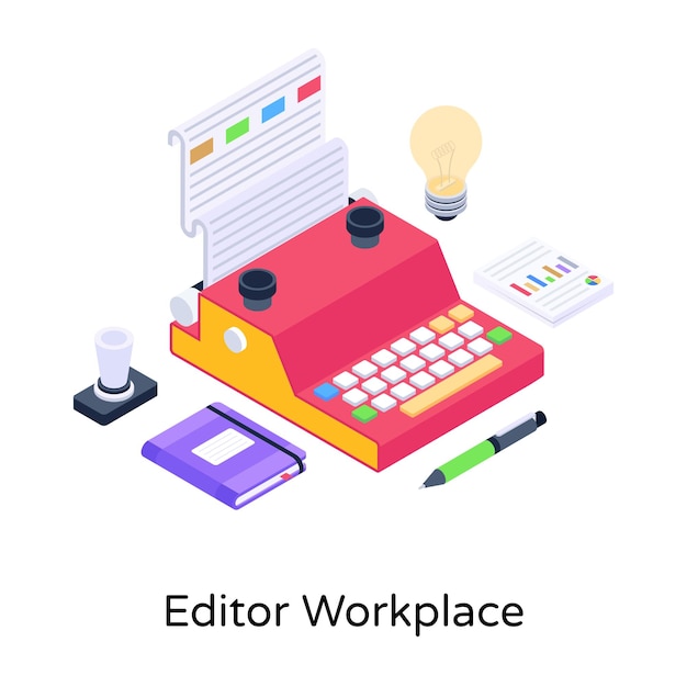 La ilustración isométrica del lugar de trabajo del editor es visualmente perfecta