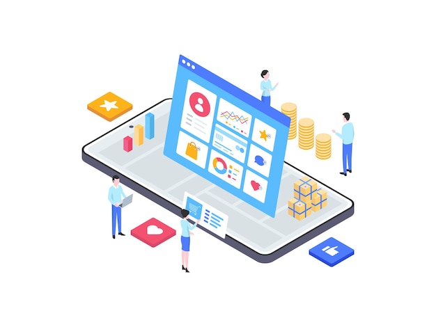 Ilustración isométrica de marketing digital. Adecuado para aplicaciones móviles, sitios web, banners, diagramas, infografías y otros activos gráficos.