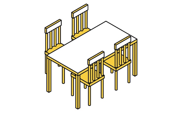 Ilustración isométrica de la mesa y las sillas de comedor interiores