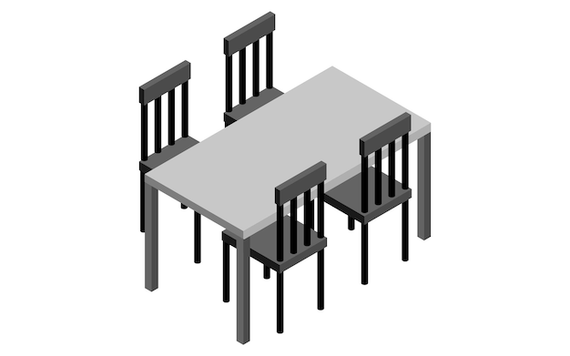 Ilustración isométrica de la mesa y las sillas de comedor interiores