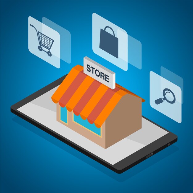 Ilustración isométrica móvil vector de compras