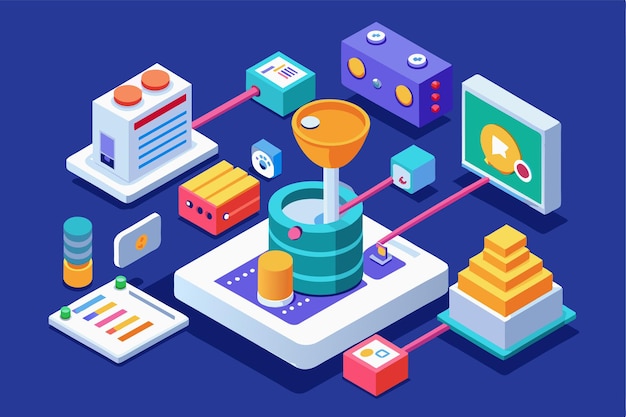 Una ilustración isométrica muestra el proceso de extracción de datos personalizable con varios componentes y herramientas interconectadas para operaciones racionalizadas