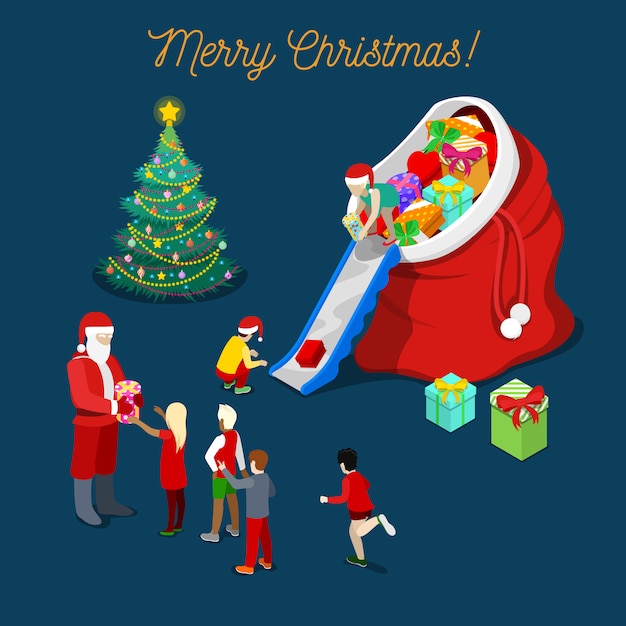 Ilustración isométrica de navidad santa claus dando regalos a los niños. ilustración plana 3d