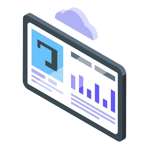 Ilustración isométrica de una nube conectada a una tableta digital que muestra gráficos y gráficos