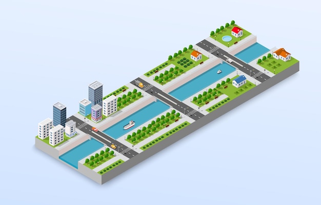 Ilustración isométrica de un paseo marítimo de la ciudad con yates fluviales y edificios y casas de la ciudad