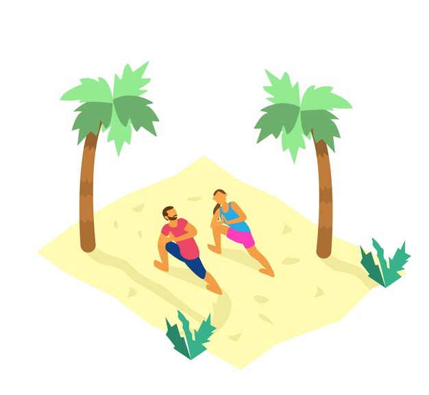 Ilustración isométrica de una pequeña pareja haciendo yoga en la playa con palmeras y plantas