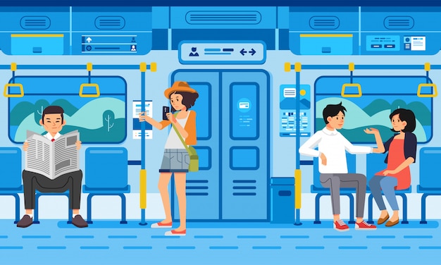 Vector ilustración isométrica de personas pasajeros en tren moderno transporte público, con paisaje rural por la ventana