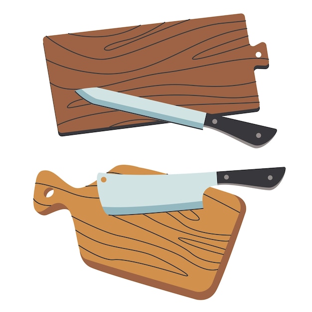 Vector ilustración isométrica plana de tabla de cortar de madera y cuchillo de cocina cuchillería doméstica aislada en fondo blanco cocina utensilios de cocina domésticos concepto vectorial