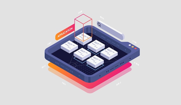 Ilustración isométrica de programación y desarrollo de software.