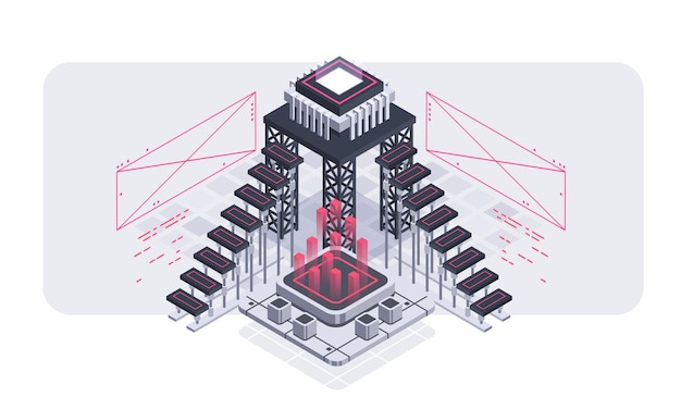 Ilustración isométrica de programación y desarrollo de software.