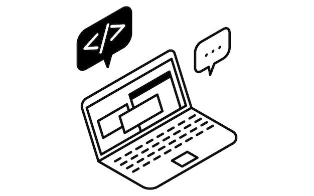 Ilustración isométrica de programación de iconos de dibujo de líneas simples en la computadora portátil