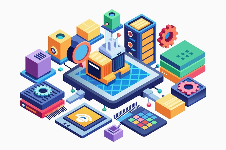 Vector una ilustración isométrica que representa una configuración de personalización de firmware vibrante con varios componentes y dispositivos tecnológicos ilustración izométrica personalizable de firmware