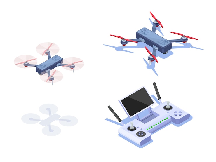 Vector ilustración isométrica realista de drone volador con sombra, drone de aterrizaje y control remoto. ilustración vectorial isométrica moderna. concepto isométrico. ilustración sobre fondo blanco.