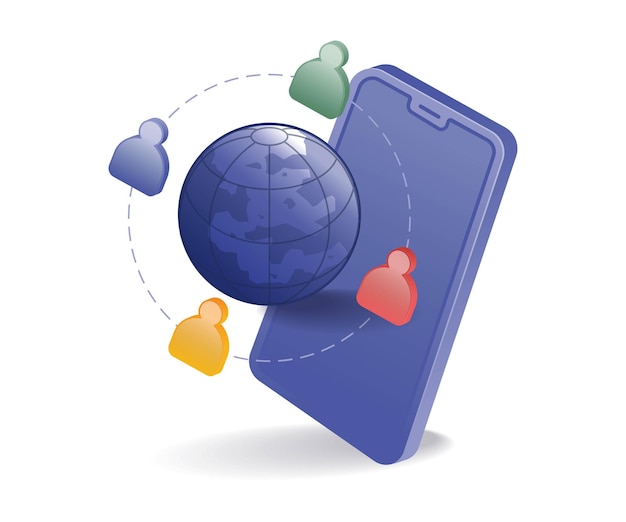 Ilustración isométrica de la red mundial de teléfonos inteligentes