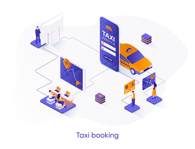 Ilustración isométrica de reserva de taxi con personajes de personas