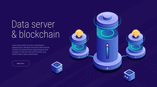 Vector ilustración isométrica de un servidor de datos de sala de servidores o una cadena de bloques de grandes datos o centro de análisis 3d