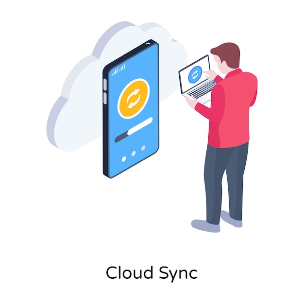 Ilustración isométrica de sincronización en la nube con instalación premium descargable