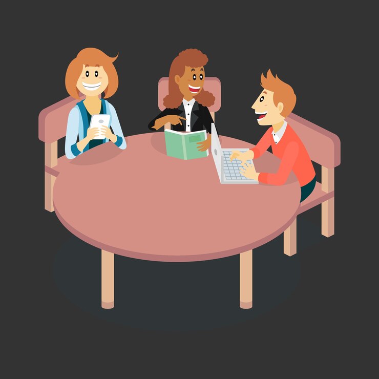 Vector ilustración isométrica sobre estudiantes en actividad de discusión