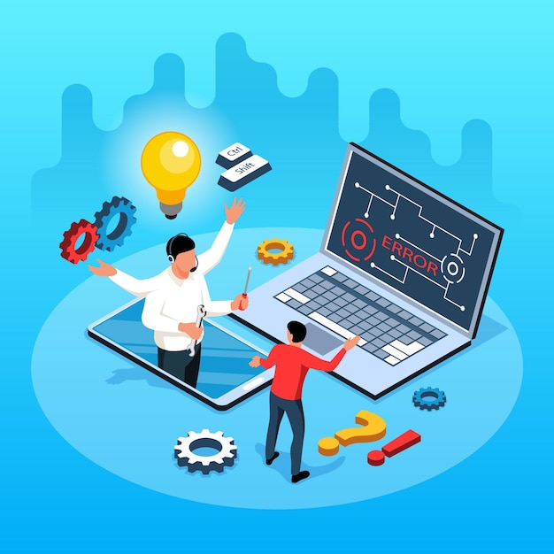 Ilustración isométrica de soporte técnico con la ayuda del cliente utilizada por un especialista para la ilustración vectorial de mantenimiento de computadoras portátiles