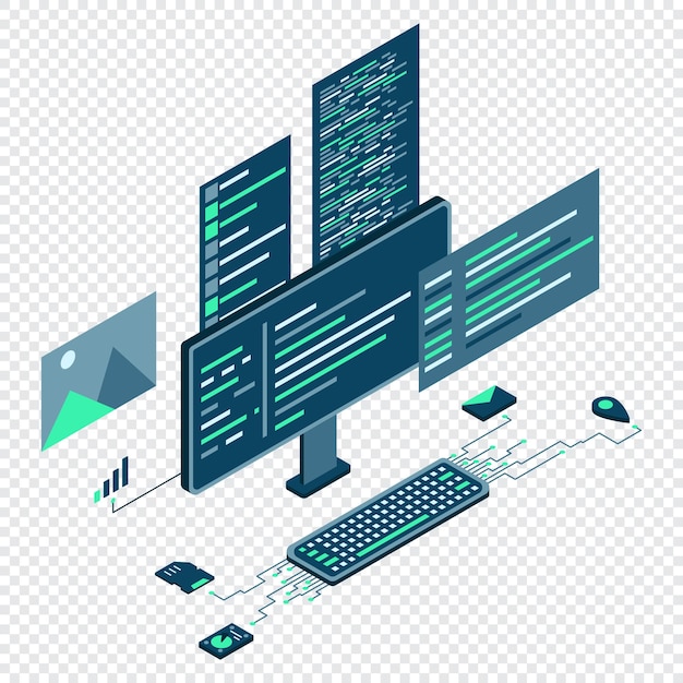 Ilustración isométrica de tecnología informática Plataformas de computadora de escritorio Concepto de codificación de programación de software Código con monitor de computadora Ilustración vectorial