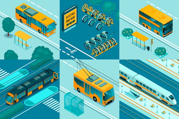 Ilustración isométrica de transporte público con diferentes tipos de vehículos