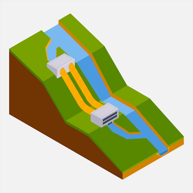 Ilustración isométrica de varias presas hidroeléctricas