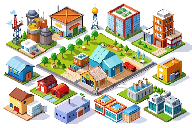 Ilustración isométrica de varios edificios y estructuras