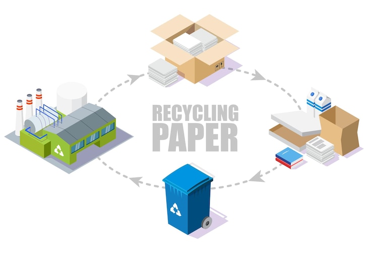 Vector ilustración isométrica de vector de esquema de proceso de reciclaje de papel