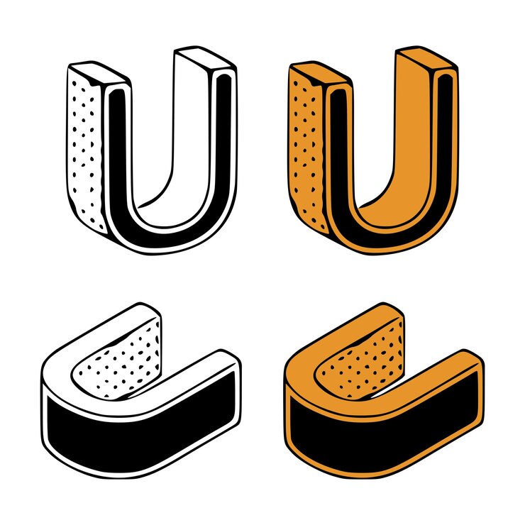 Vector ilustración isométrica del vector del garabato de la letra u en el arte del clip de las letras del fondo blanco