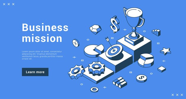 Ilustración isométrica del vector de la página de destino del banner de Internet del logro de la estrategia exitosa del desarrollo de la misión empresarial. Gestión corporativa con objetivo de podio de pedestal y copa de campeón
