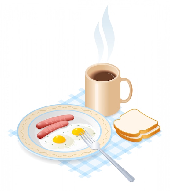 Ilustración isométrica del vector plano del plato con huevos revueltos y salchichas de cerdo, una taza de café.