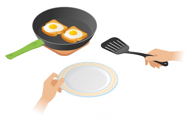 Ilustración isométrica de vector plano de sartén con huevos revueltos en las tostadas, una mano con espátula de cocina y plato.