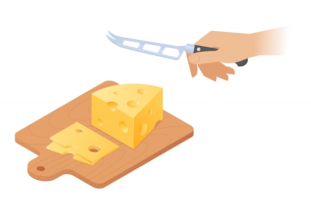 Ilustración isométrica de vector plano de tabla de cortar, trozo de cabeza de queso, mano con cuchillo de cocina.