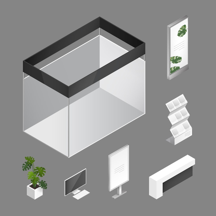 Vector ilustración isométrica vectorial de exposición comercial interior zona expostand vacía para presentación con mesas de mostrador de stand soportes de pancartas de computadora y plantas aisladas