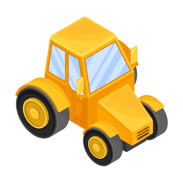 Ilustración isométrica vectorial del tractor amarillo como maquinaria pesada para el trabajo agrícola