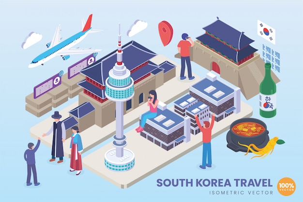 Ilustración isométrica del viaje de corea del sur